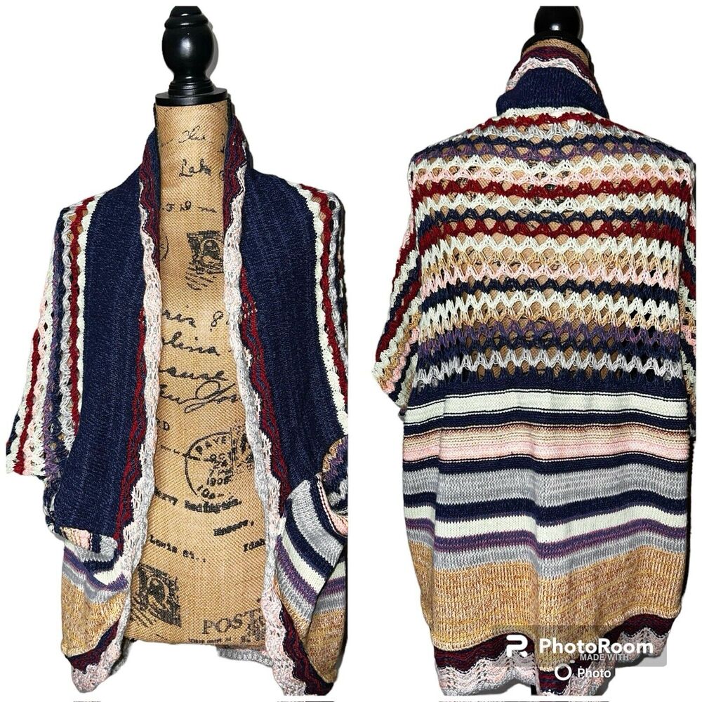 ANTHROPOLOGIE MOTH SWEATER BLUE PINK KNIT OPEN WATERFALL CARDIGAN SMALL S